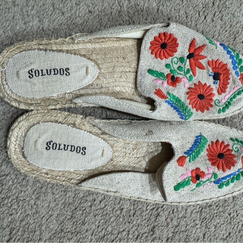 Soludos Cream and Red Espadrilles with Floral Embroidery